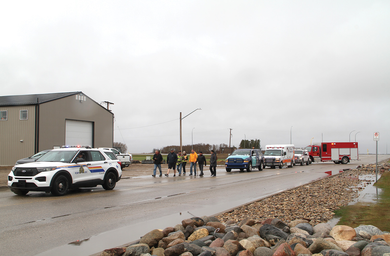 Moosomins RCMP, Ambulance, and Fire Truck welcomed Chad Kennedy to town on his walk for PTSD awareness.